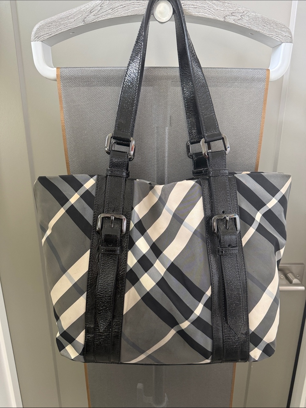 Burberry Gray and Black Check Leather-Trim Tote with COA.